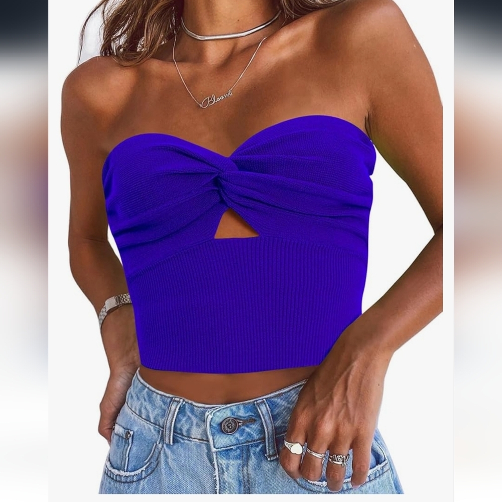EFAN Tube Top Cropped Sleeveless Cut Out Twist Knot Front Bandeau Ribbed Knit